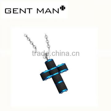 stainless steel blue prayer cross pendant carbon fiber pendant men