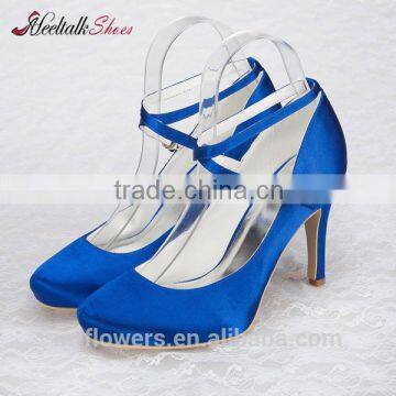 Blue satin pumps ankle trap middle heel women evening shoes party shoes
