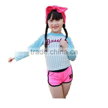 Kids New Models Design Blue And White Striped Sleeve Little Girl Separable Swimsuit Top Match Shorts Set Clothes