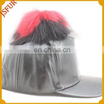 Smooth black colour spring hat raccoon pompom fur cap