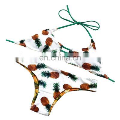Hot Sexy Halter Pineapple Print Self Tie Padded Bikini Set for Women Women's Two Piece Female Swimwear Bathing Suit