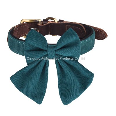 factory wholesale fabric and leather dog collars with bowknot