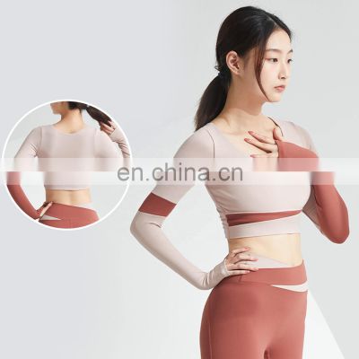 Contrast Color Splicing Sports Crop Tops Custom Women Causal Long Sleeved Yoga Bras 78nylon 22spandex