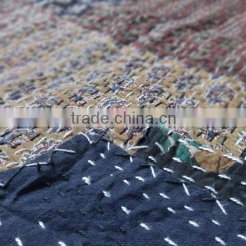 Hand Block Print Patchwork Kantha Quilt, Cotton Bedspread Made Using Vegetables Colors, Royal & Elegant Finish Bed Sheet