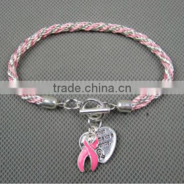 2015 New Pink Ribbon Breast Cancer Awareness Toggle Cross Cord Charm Bracelet With Silver-plated Heart