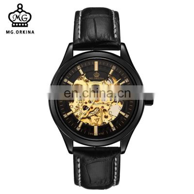 MG.ORKINA MG078 Classic Automatic Mechanical Watch For Men Leather Strap Skeleton Casual Male Wristwatch