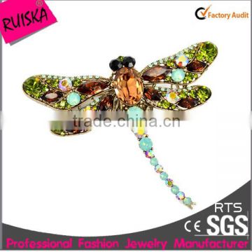 High Quality Fashionable Alloy Dragonfly Brooch With Green Opal And Smoked Topaz Glass Stone