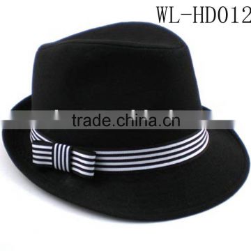 WL-HD012 100% COTTON BLACK FEDORA WITH STRIPED BOW TRIM FOR WOMEN