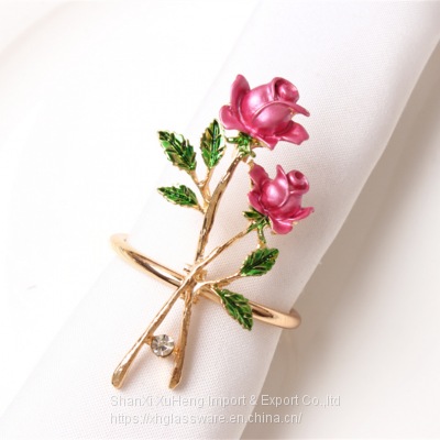 Elegant Rose Decorative Golden Flower Serviette Holder Romantic Valentine Napkin Ring for Wedding Party Dinner Table Decor