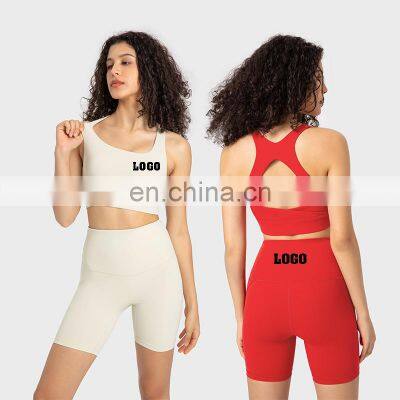 In Stock New Hollow Out Cross Sports Bra Match Crotchless Shorts Two Piece Gym Yoga Suit Set Women Workout Fitness Active Wear