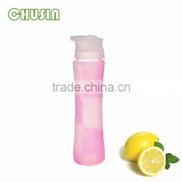 unique glass water bottle with fancy design and high quality silicone sleeve customizable