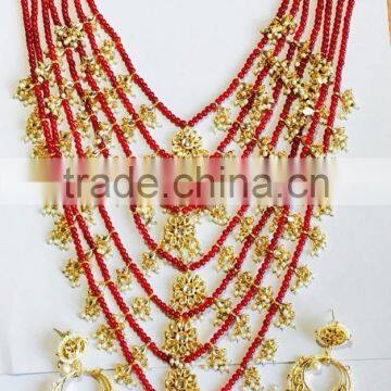 7 line ruby red bridal KUNDAN GOLD PLATED necklace DANGLER EARRING set