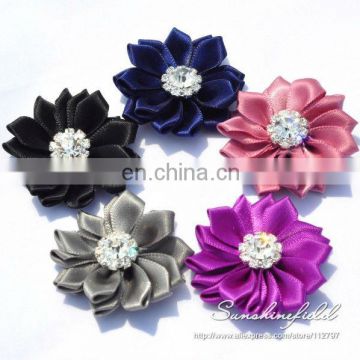 2013 Hot Sale Mini Satin Ribbon Flower With diamond DIY Flowers Girl's Hair Accessories sunshine field
