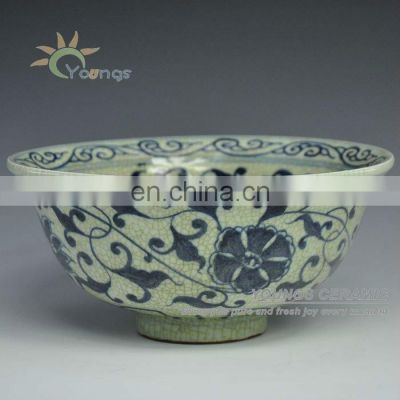 Crackle Finished Blue And White Floral Original Yuan Dynasty Ceramic Bowl