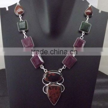 Ruby, Emerald, Red Jasper Necklace plated 925 Sterling Silver 52 Gms 18-20 Inches