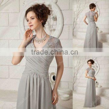 Real Sample Lace Short Sleeve A-line Pleat Floor Length Chiffon Mother of Bride Dresses xyy04-206