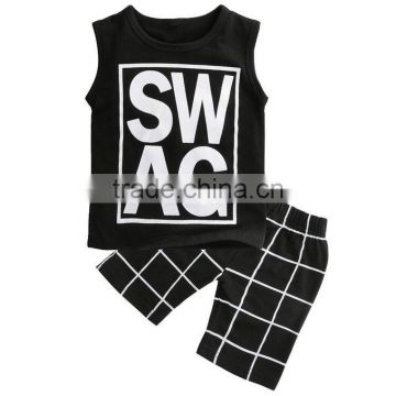 Casual Little Boys Cotton Sleeveless Letters Print Black Boutique Tank Top and Lattice Shorts Outfit
