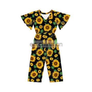 Sunflower Bell Sleeve Deep V-back Bodysuit Baby Little Girl Romper Romper Jumpsuit