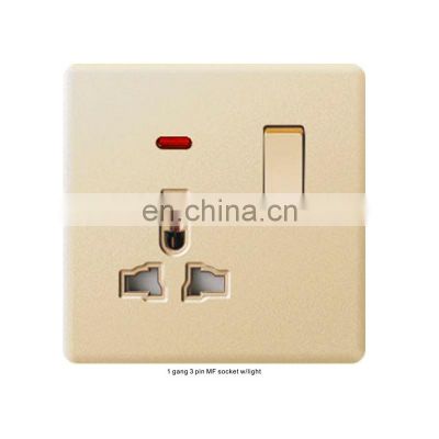 New design golden flame retardant PC panel 3-pin IF switch socket with/without neon light electrical wall switch socket panel