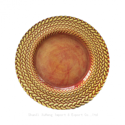 Wholesale Bulk Modern Round Braided Rim Red And Gold Glass Charger Plates Table Elegant Serving Trays