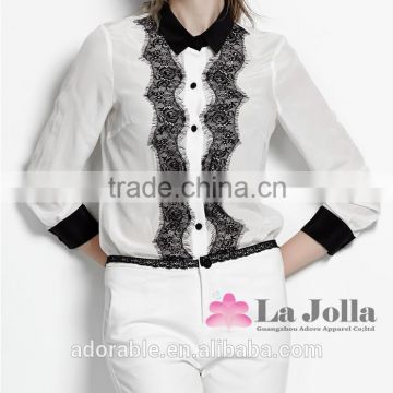 Fashion nylon lace blouse tshirt women long sleeve sexy embossing roller v-neck with button Black collar t-shirt