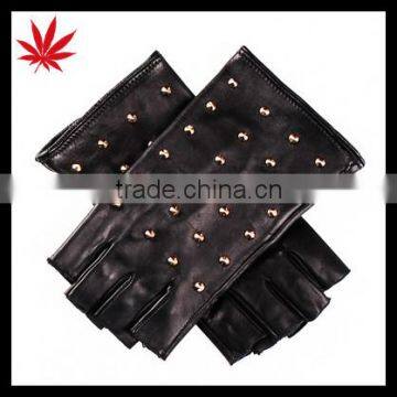 Ladies black fashion fingerless leather gloves with gold studs