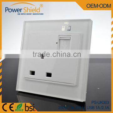 Hotle / Home usage 3Pin Glass cover Plate Britian Type G power socket double USB outlet Uk plug 230V 13A