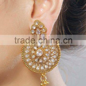 Indian Beautiful Antique Gold Polished With White Stone Earrings