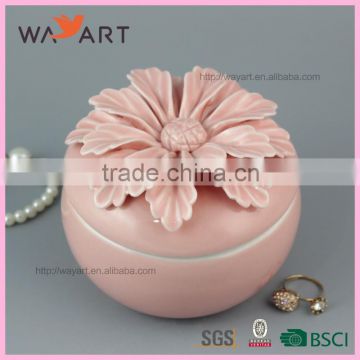 New Design Round Shaped Porcelain Jewelry Box With Pink Flower