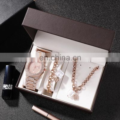 GREALY RL118-G 3pcs Women Qaurtz Diamond Wristwatch Fashion Iced out Watch Bracelet Set