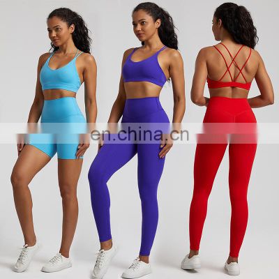 Women High Quality Cross Back Thin Strappy Sports Bra High Waist PeacH Hip Gym Fitness Yoga Tight Shorts Pants Leggings Suit Set