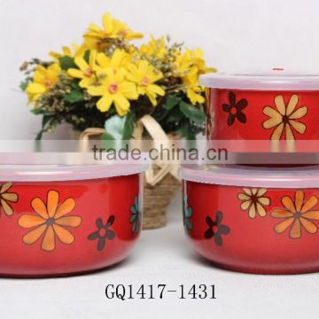 Red color three size bowl sets ceramic bowl with plastic lid for sale
