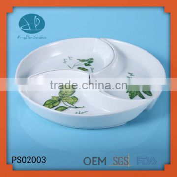 porcelain dinnerware set,porcelain food divider plate with bamboo base,ceramic divided plate