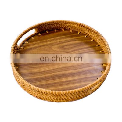 High Quality Wooden Inside Rattan Serving Tray woven Coffee tray, Wicker Fruit tray Wholesale Handwoven