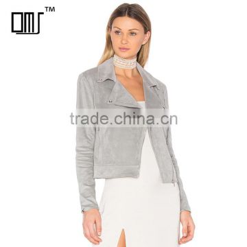 Autumn 2018 lady clothing silver faux suede zip up motorcycle jacket