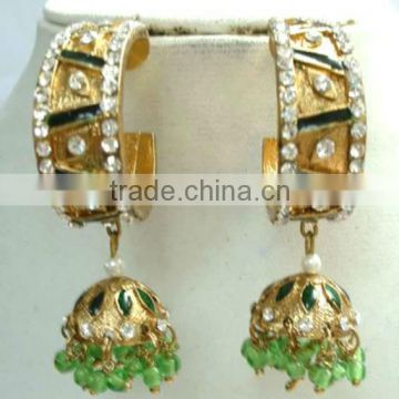 Green trendy enamel faux diamond jhumki earring
