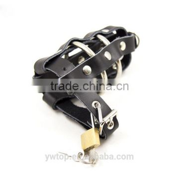 Leather stainless steel penis rings cock ring lock sets bdsm Bondage male chastity device