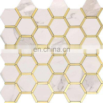Foshan Hexagon Shape Ceramic Mosaic Tile Carrara White Mosaic Tiles Golden Color Aluminum Mosaics Tiles Decoration For Wall