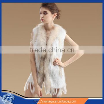 New 2015 Long Style Real Women Knitted Raccoon Collar Rabbit Fur Vest With Tassels