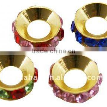 Copper Rhinestone Beads, Gread A, Golden Metal Color, Rondelle, Multicolor, 10mm in diameter, 4mm thick, hole: 4.5mm(RB-10D-2)