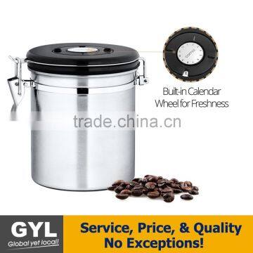 Stainless Steel Vacuum Sealed Airtight Canister with Built-in CO2 Gas Vent Valve and Date Tracking Wheel for Coffee Beans and Co