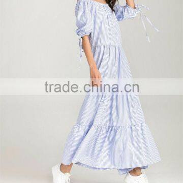 Off Shoulder Maxi Dress Women Blue Vertical Striped Tie Cuff Beach Summer Dresses 2017 Fashion Long Dress