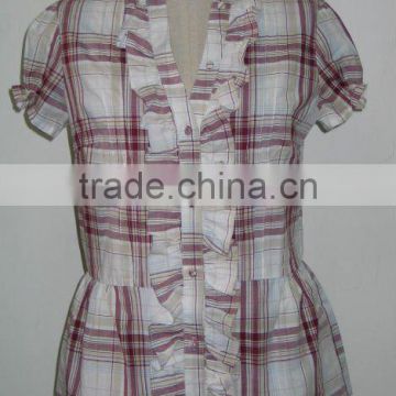 Cotton Check Blouse With Frills At Front
