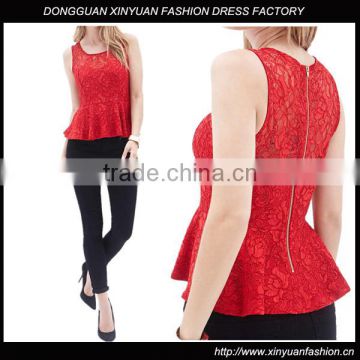 Custom Sleeveless Women Red Lace Blouses Tops,Sexy Latest Lady Lace Blouses Tops Manufacturer In China