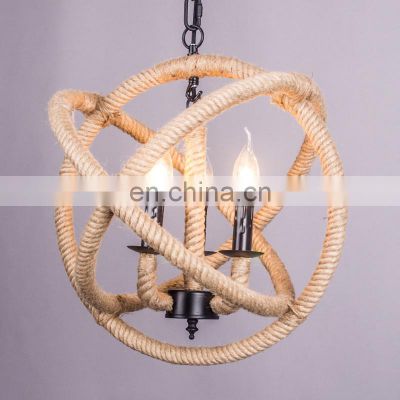 Vintage E14 Base Globe Shape Hemp Rope Pendant Light with Iron Chain