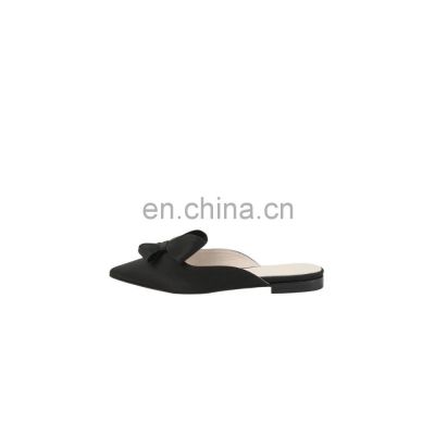 New arrival flat bow tie handmade black color pointed toe sandals and ladies footwear