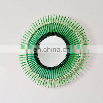 High Quality Green Straw Wall mirror from rattan Boho Round Sun Shape Home Decoration Decor WHolesale made in Vietnam