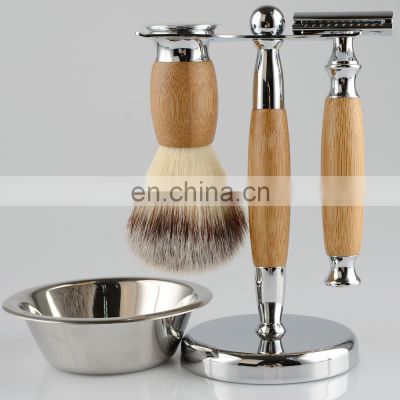 High Quality Men Bamboo Razor Best Gift  Metal Traditional Double Edge Blades  Shaver  Razor Bowl Brush Holder Set