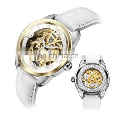 2020 Gift Customized LOGO White Colour Leather Watch Mechanical Movement Fashion Womens Skeleton Watches