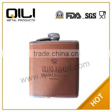 6oz stainless steel embossed logo on color of leather flask